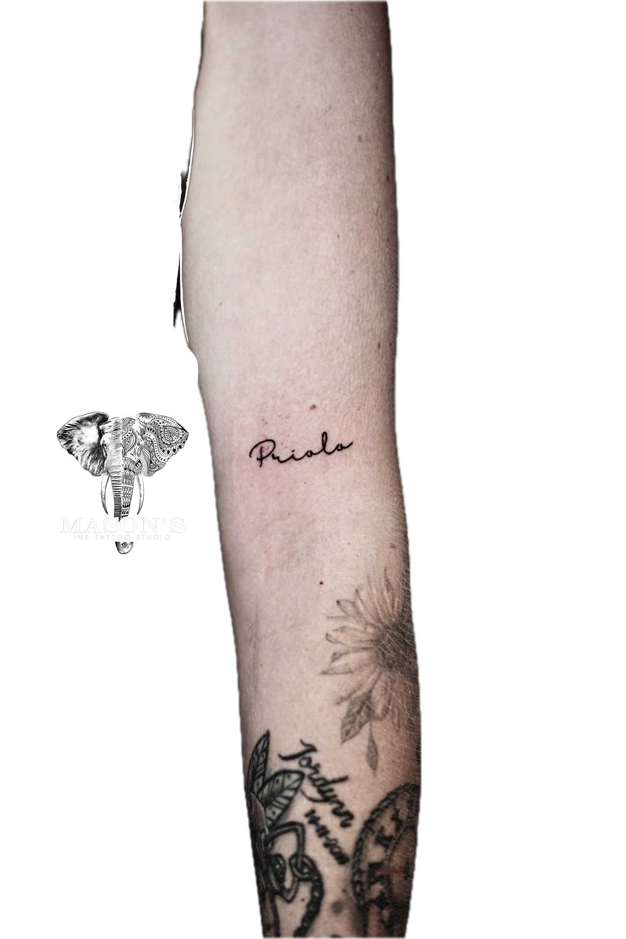 Script Priola tattoo by Mason's Ink Tattoo Studio, Bali