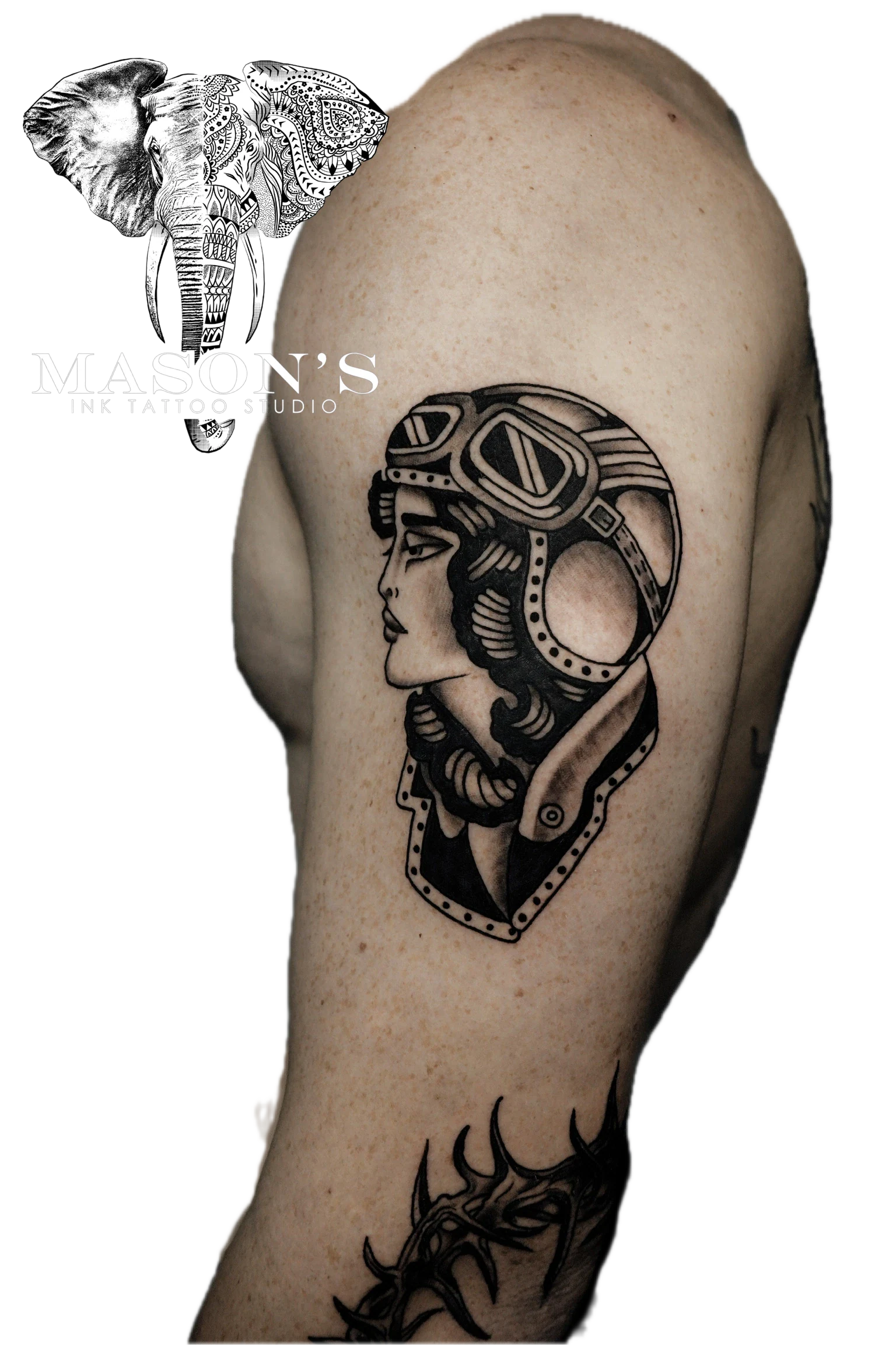 Traditional Woman Tattoo Design: a stylized portrait of a woman wearing a helmet with goggles