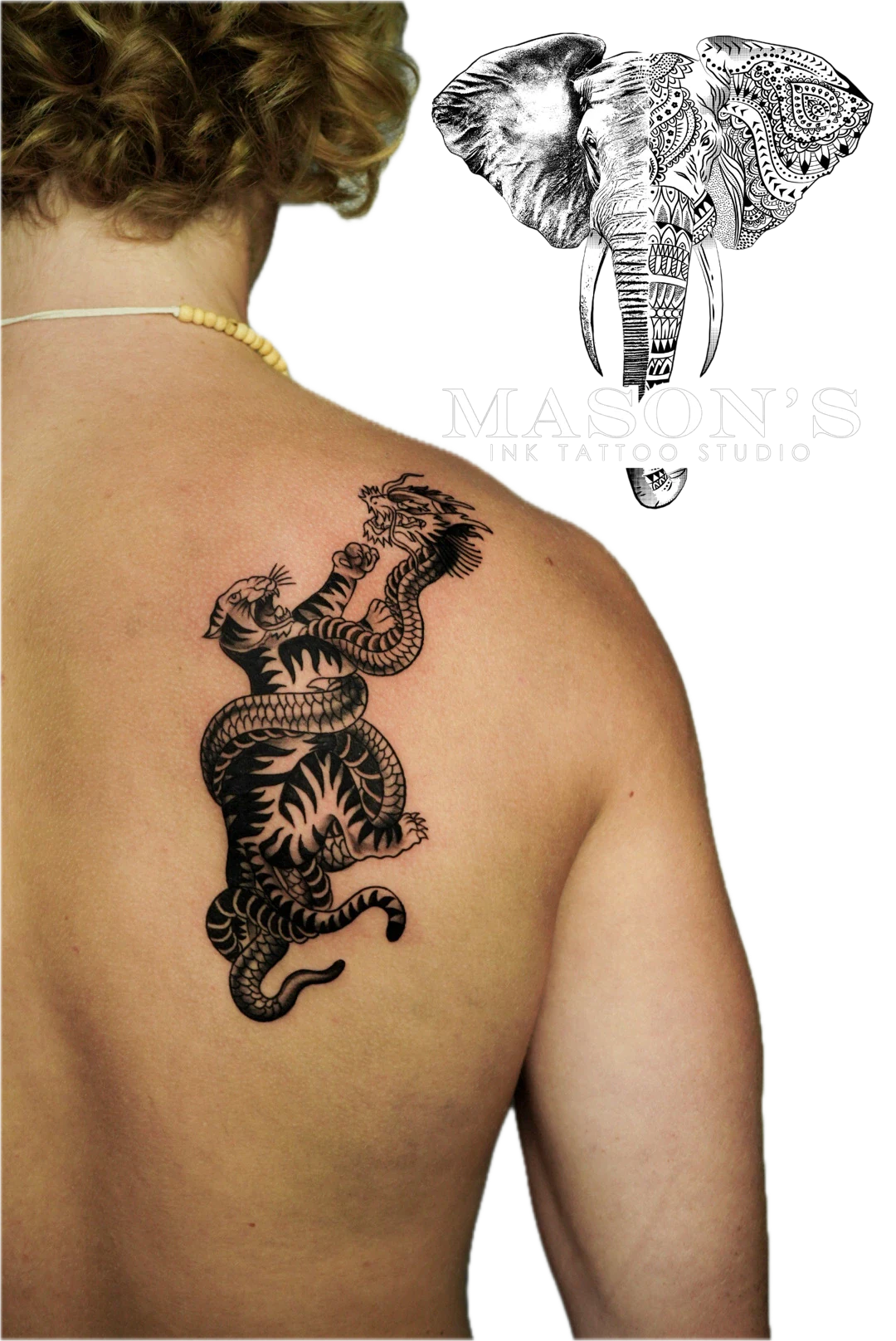 Traditional Black Panther Tattoo Design: a detailed dragon and snake tattoo on the shoulder