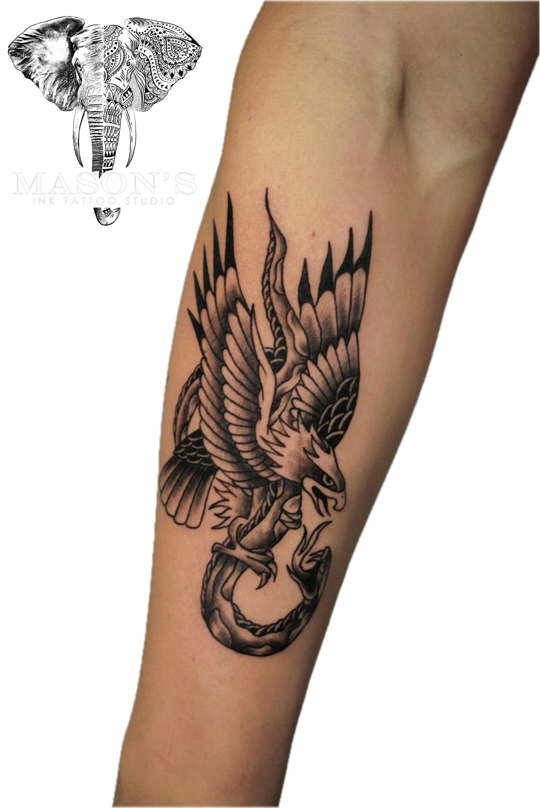 Traditional Eagle Bird Tattoo Design: an eagle with a snake wrapped around its body on a forearm