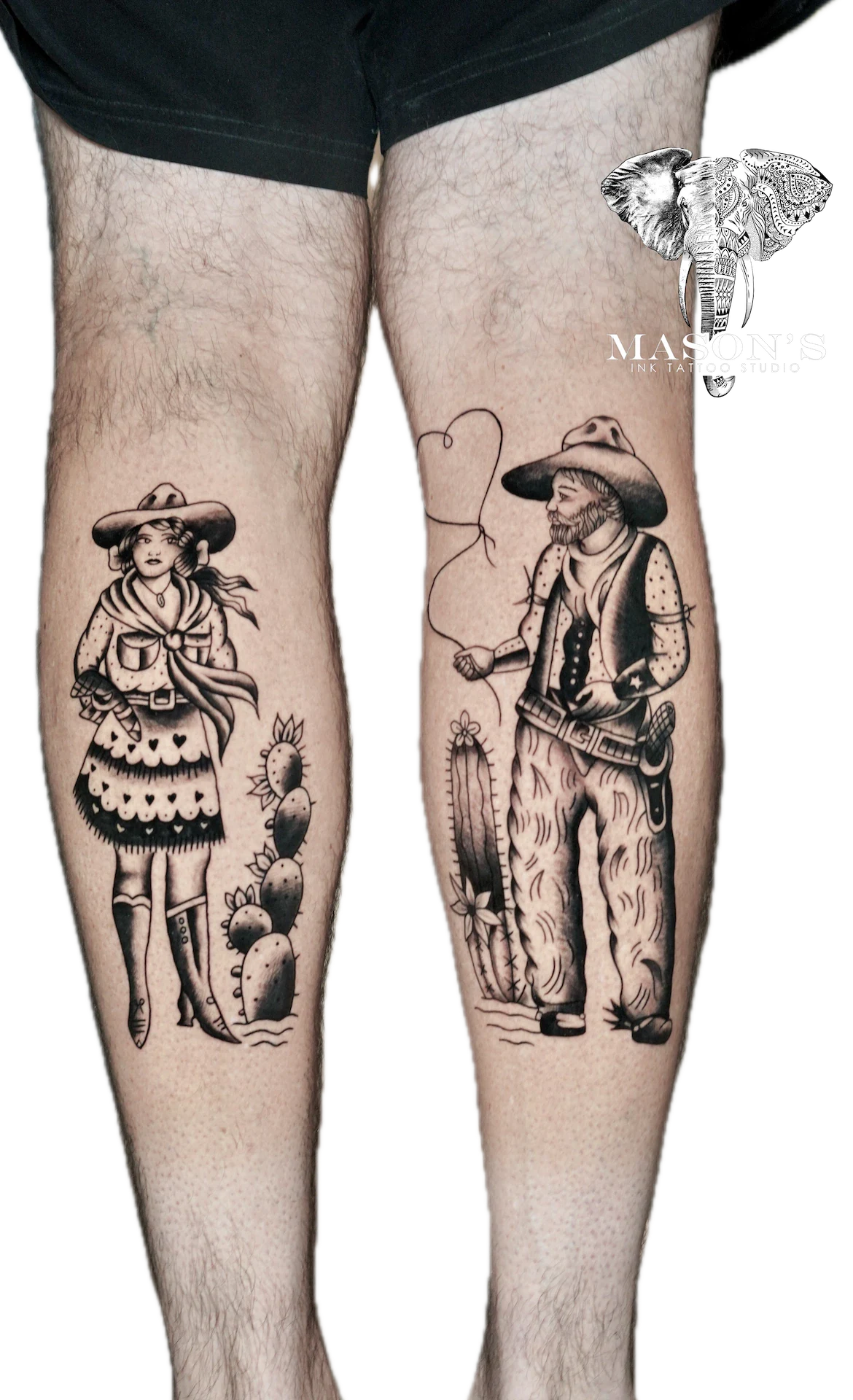 Traditional Couple Cowboy Lover in Leg tattoo by Mason's Ink Tattoo Studio, Bali