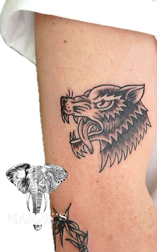 Traditional Tiger tattoo by Mason's Ink Tattoo Studio, Bali