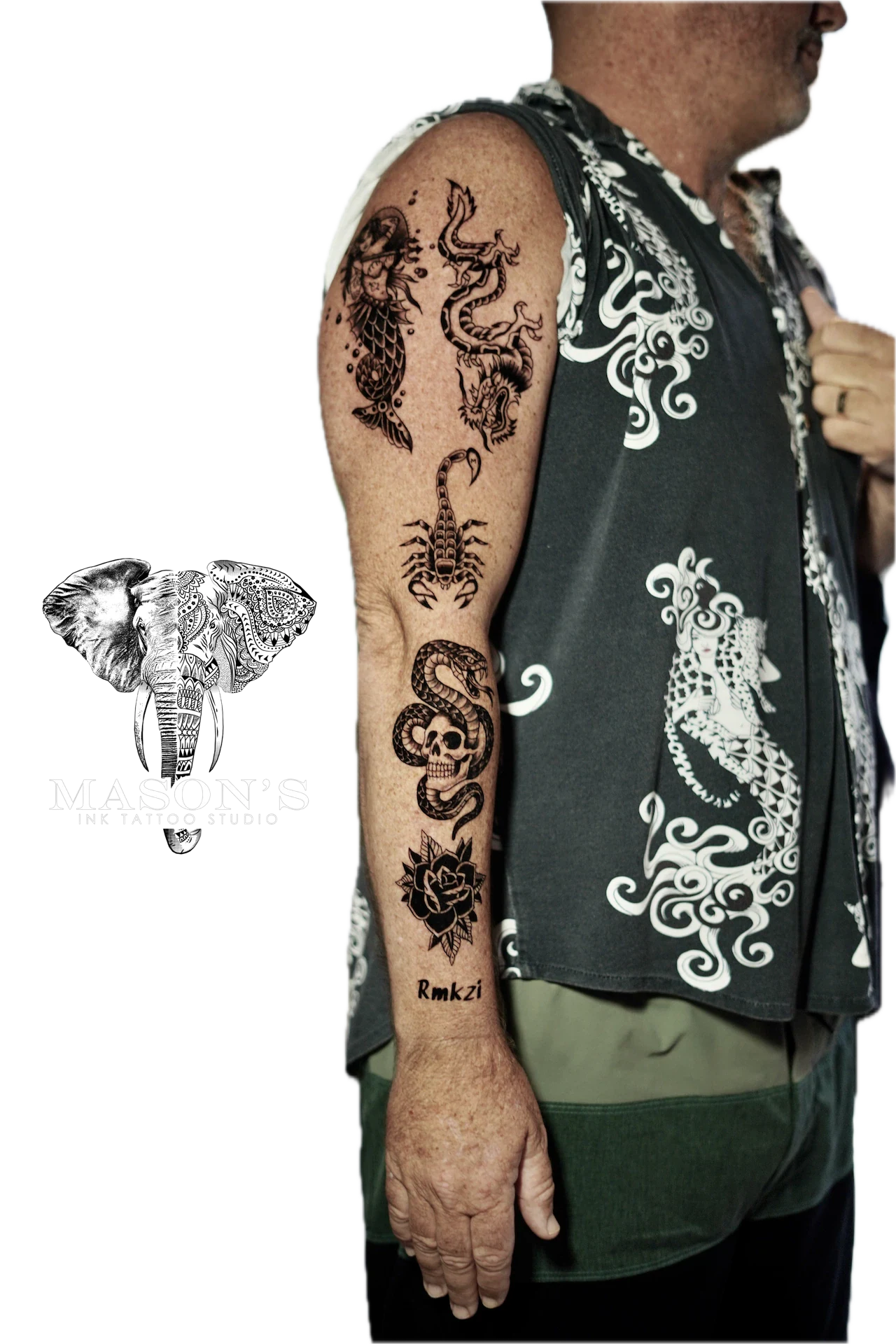 Tradional Skull, Flower, Mermaid, Scorpion, Dragon, Snake tattoo by Mason's Ink Tattoo Studio, Bali