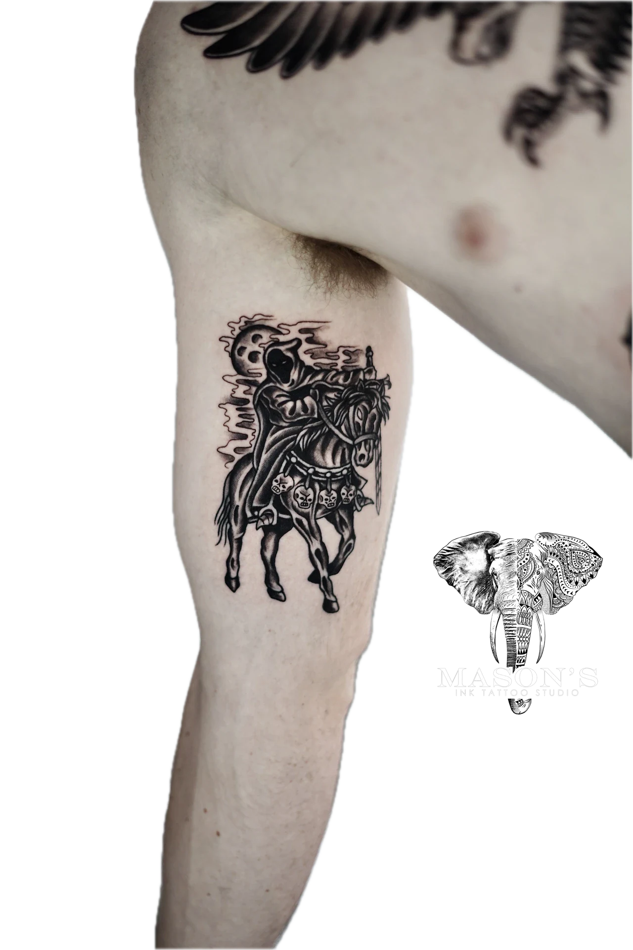 Traditional Death Reaper with Horse tattoo by Mason's Ink Tattoo Studio, Bali