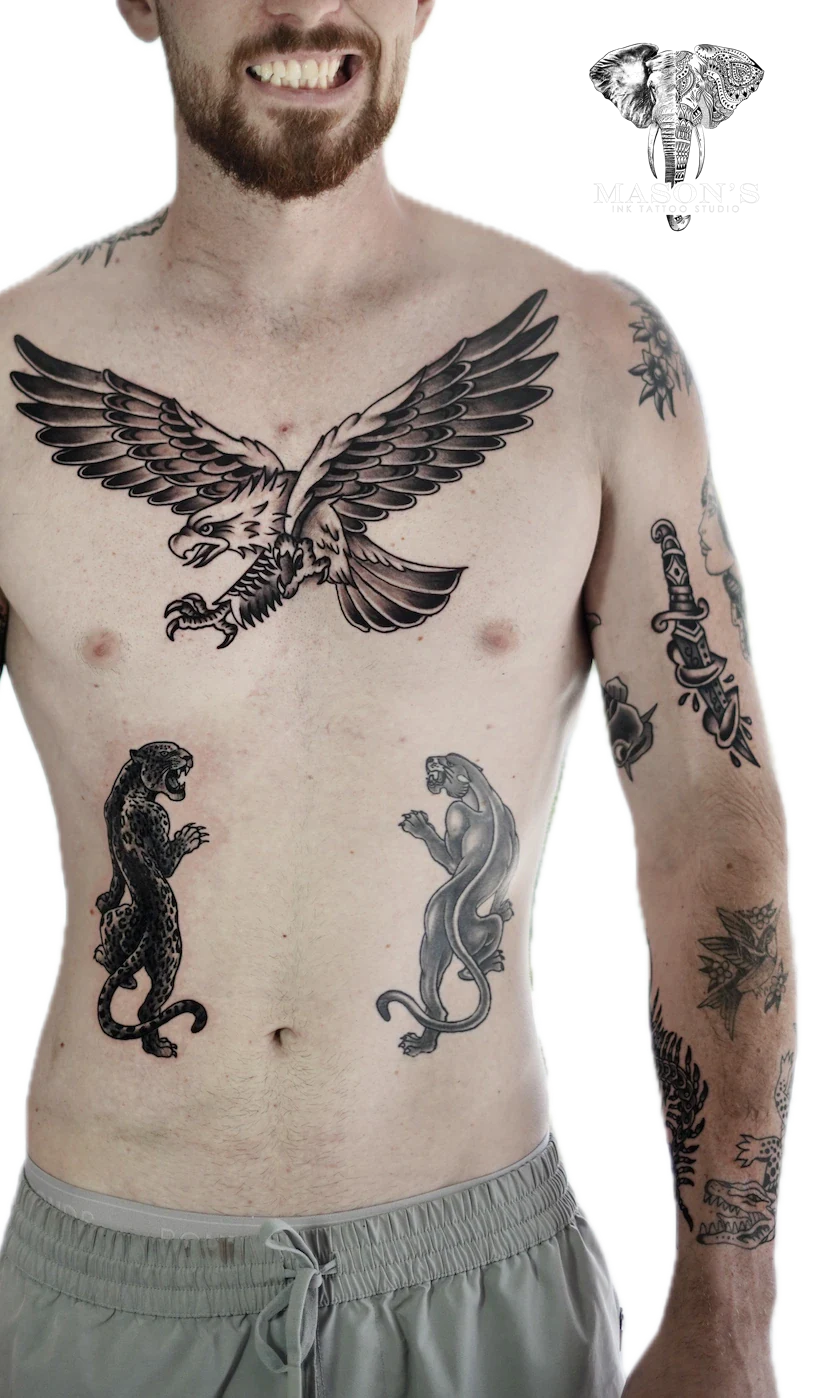 Traditional Hawk and Tigers tattoo by Mason's Ink Tattoo Studio, Bali