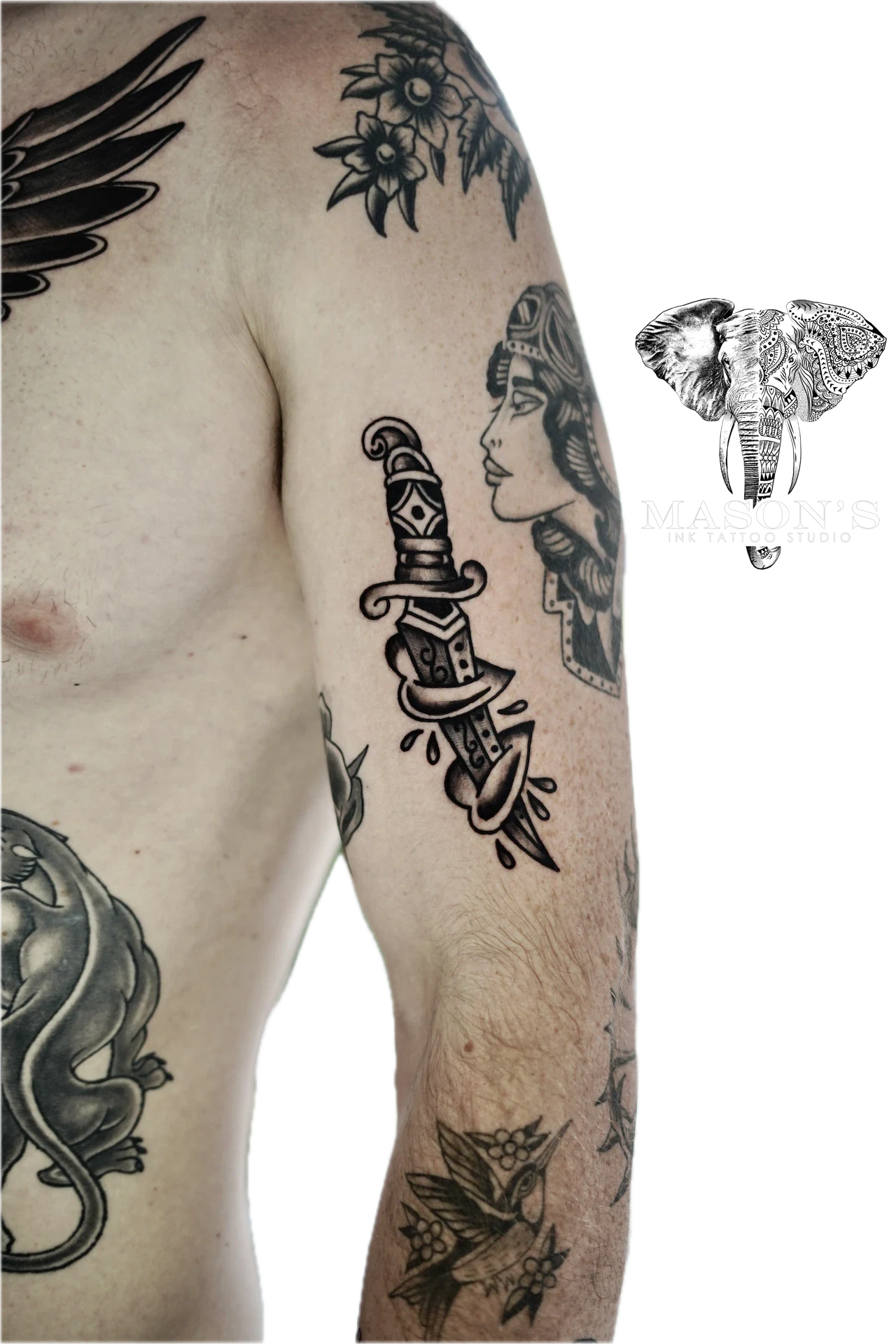 Traditional Knife tattoo by Mason's Ink Tattoo Studio, Bali