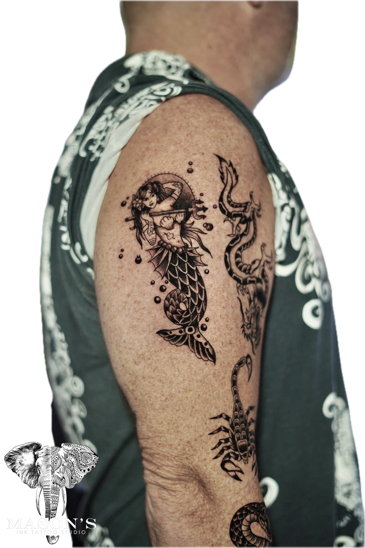 Traditional Mermaid tattoo by Mason's Ink Tattoo Studio, Bali
