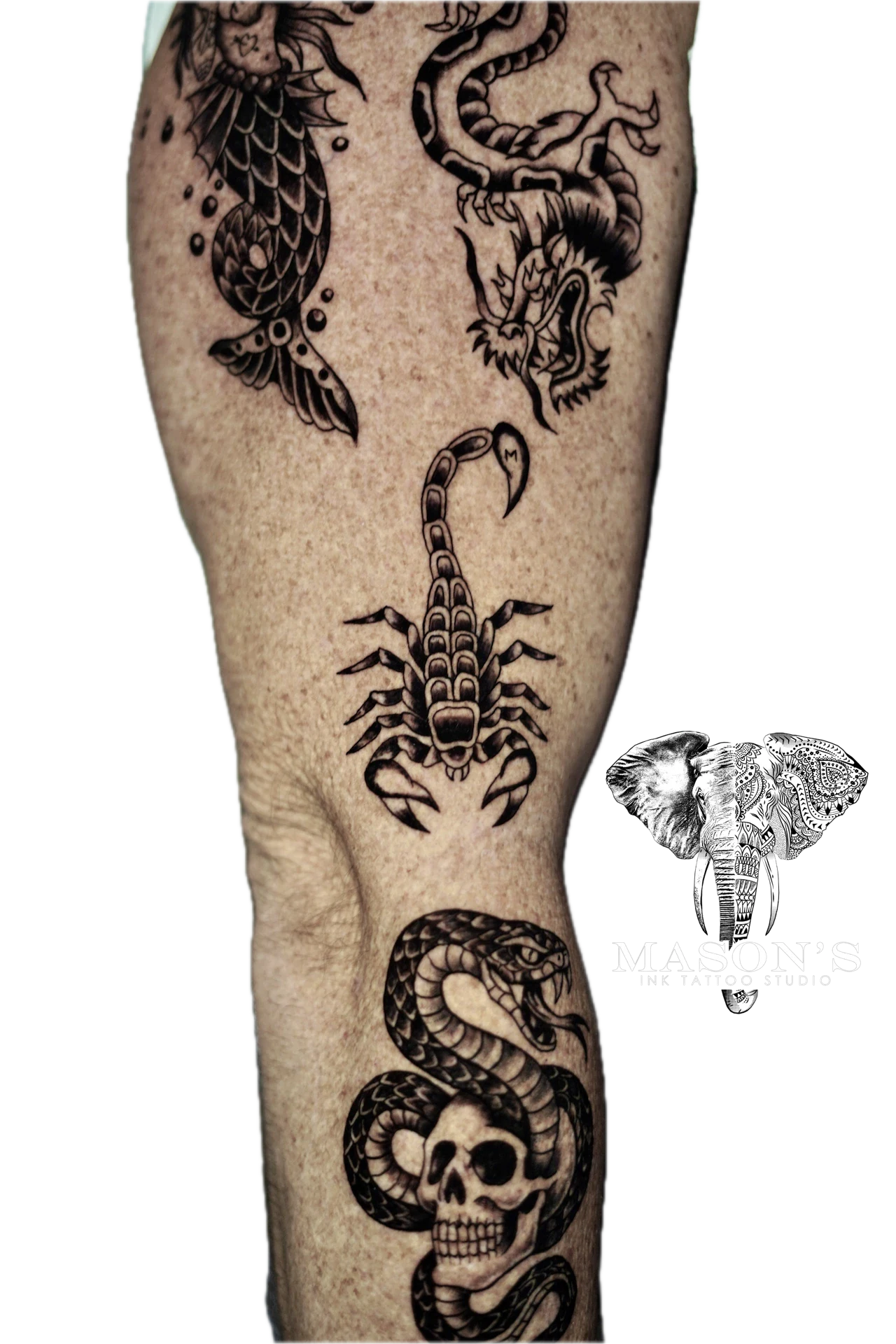 Traditional Scorpion tattoo by Mason's Ink Tattoo Studio, Bali
