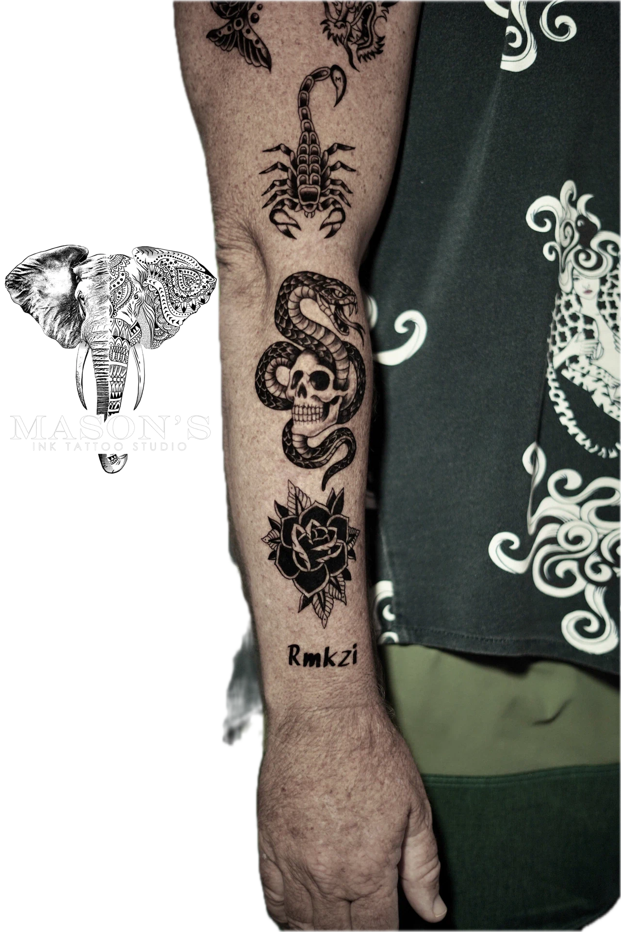 Traditional Skull Flower Scorpion tattoo by Mason's Ink Tattoo Studio, Bali