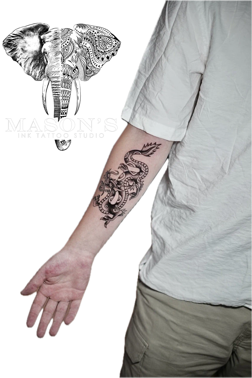 Traditional Dragon Tattoo Design by Mason's Ink Tattoo Studio, Bali