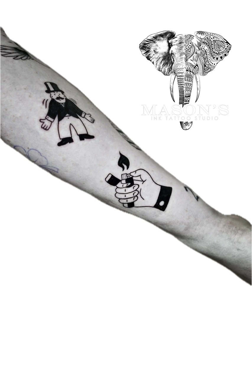 Traditional Hand and Lighter Tattoo Design by Mason's Ink Tattoo Studio, Bali