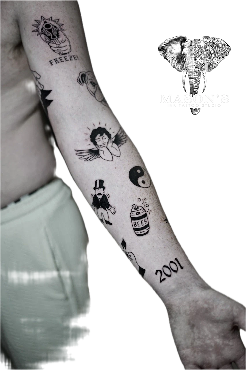 Traditional Tattoo Design: Minimalist black and grey forearm tattoos with various symbols and lettering