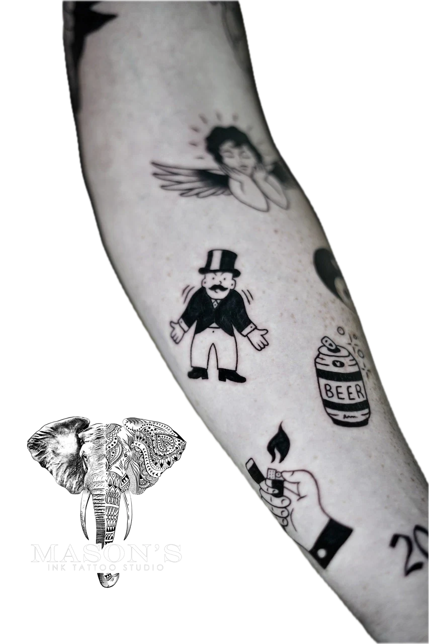 Traditional Tattoo Design: Minimalist black and grey forearm tattoo of an angel, man, beer, and cigar