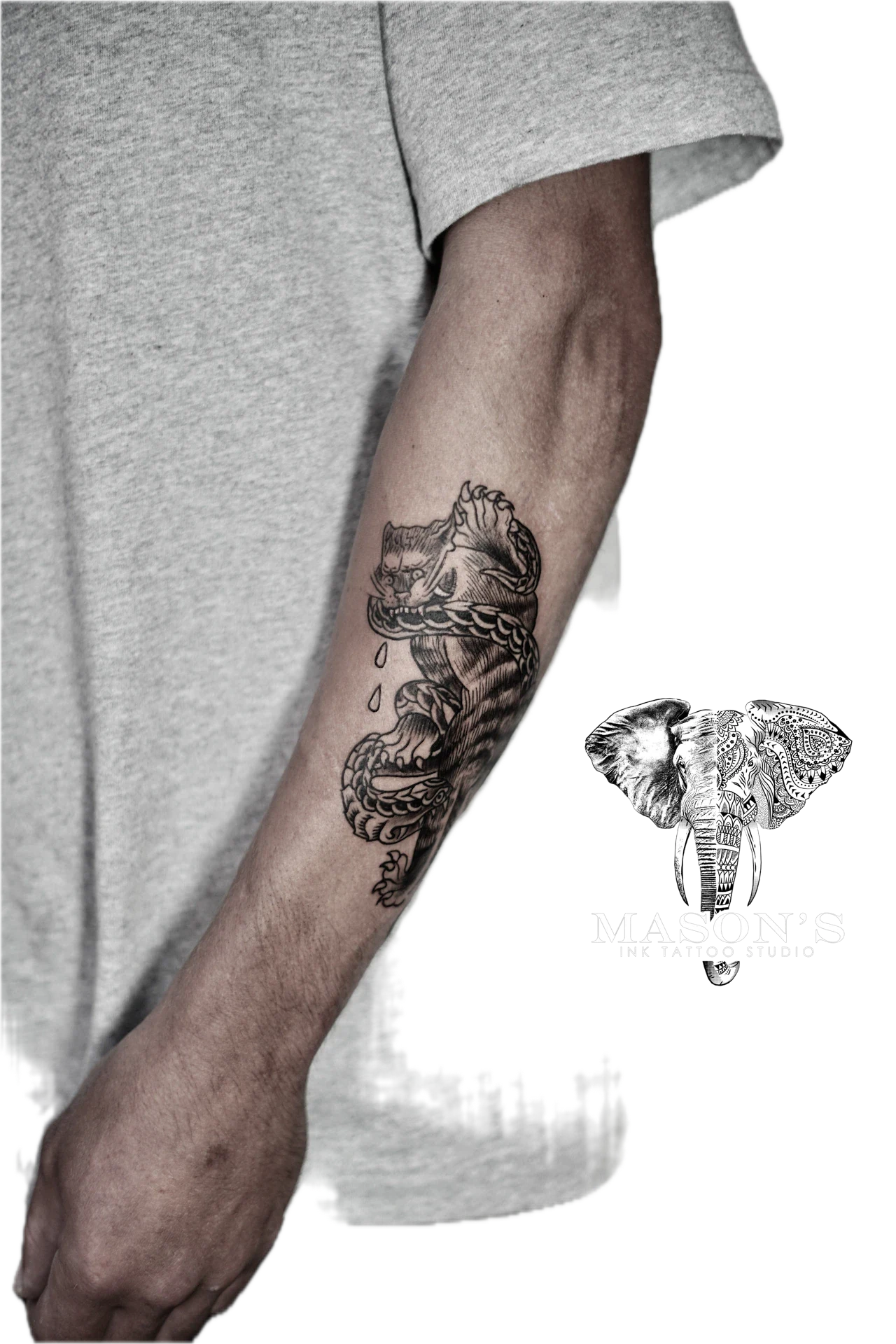 Traditional Tiger Snake Tattoo by Mason's Ink Tattoo Studio, Bali