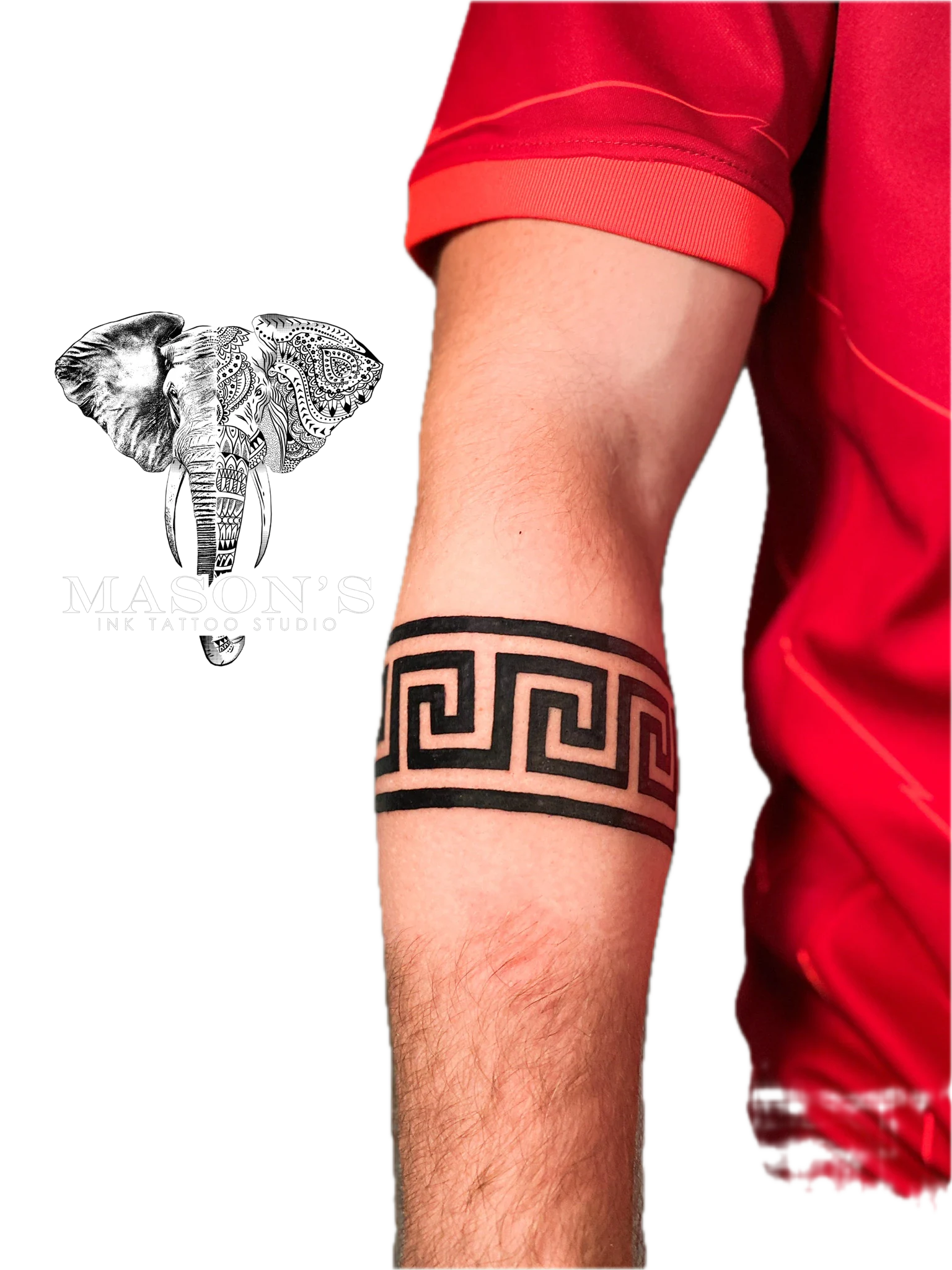 Tribal Tattoo Style Design: a black and grey geometric bracelet tattoo on the forearm