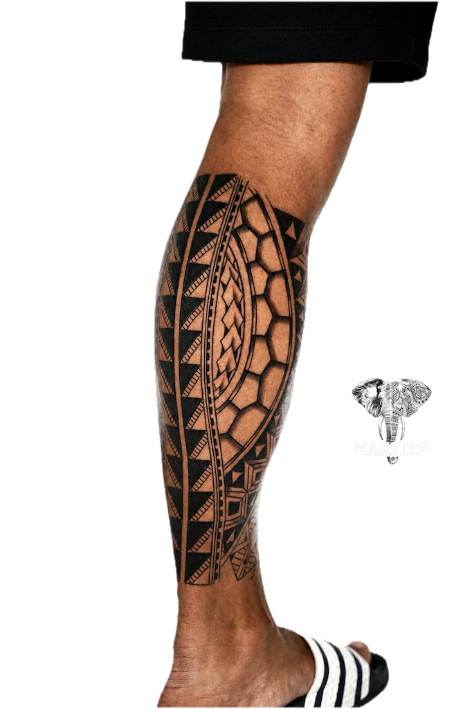 Tribal Foot Tattoo Design: a large geometric pattern tattoo on the calf