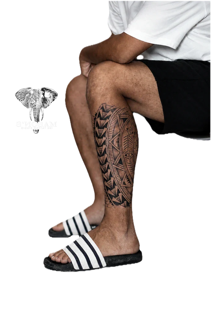 Tribal Foot Tattoo Design: a large geometric pattern tattoo on the calf