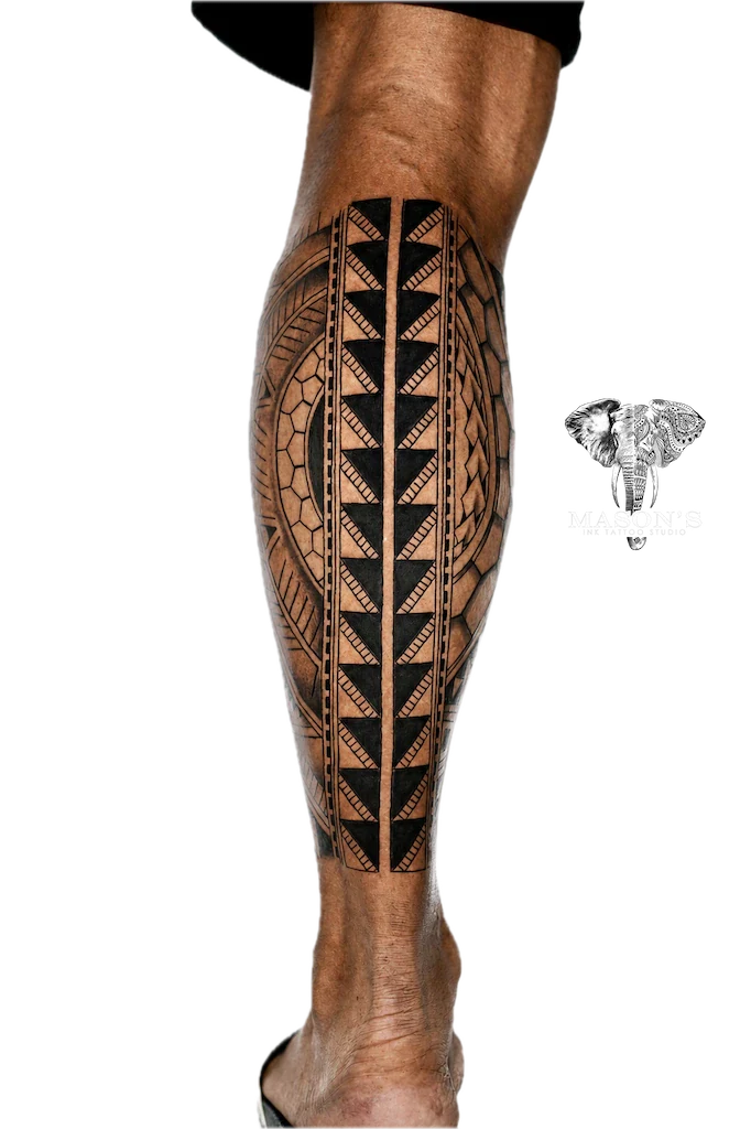 Tribal Foot Tattoo Design: a large geometric pattern tattoo on the calf