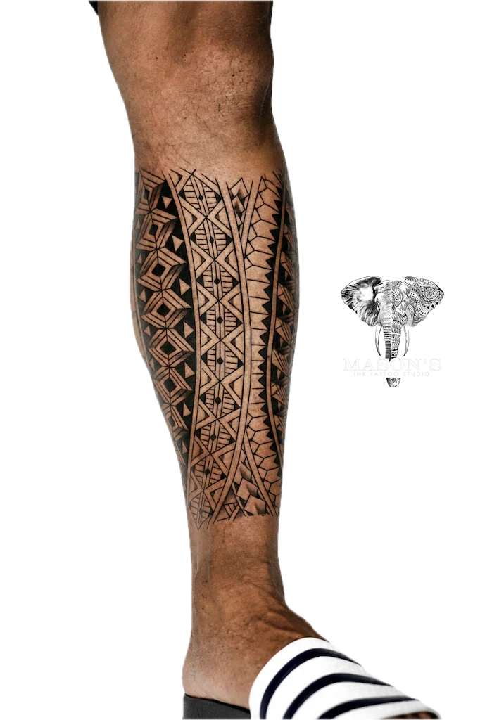 Tribal Foot Tattoo Design: a large geometric pattern tattoo on the calf