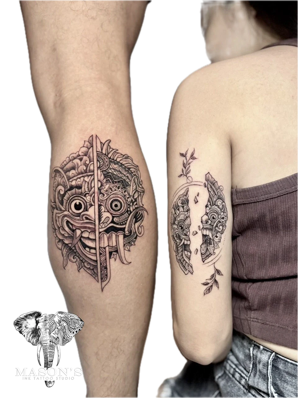 Barong Couple Tattoo Design - custom tattoo by Mason's Ink Tattoo Studio, Bali
