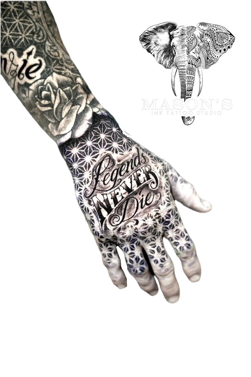 Black and Grey Tattoo Style Script with Mandala Background by Mason's Ink Tattoo Studio, Bali