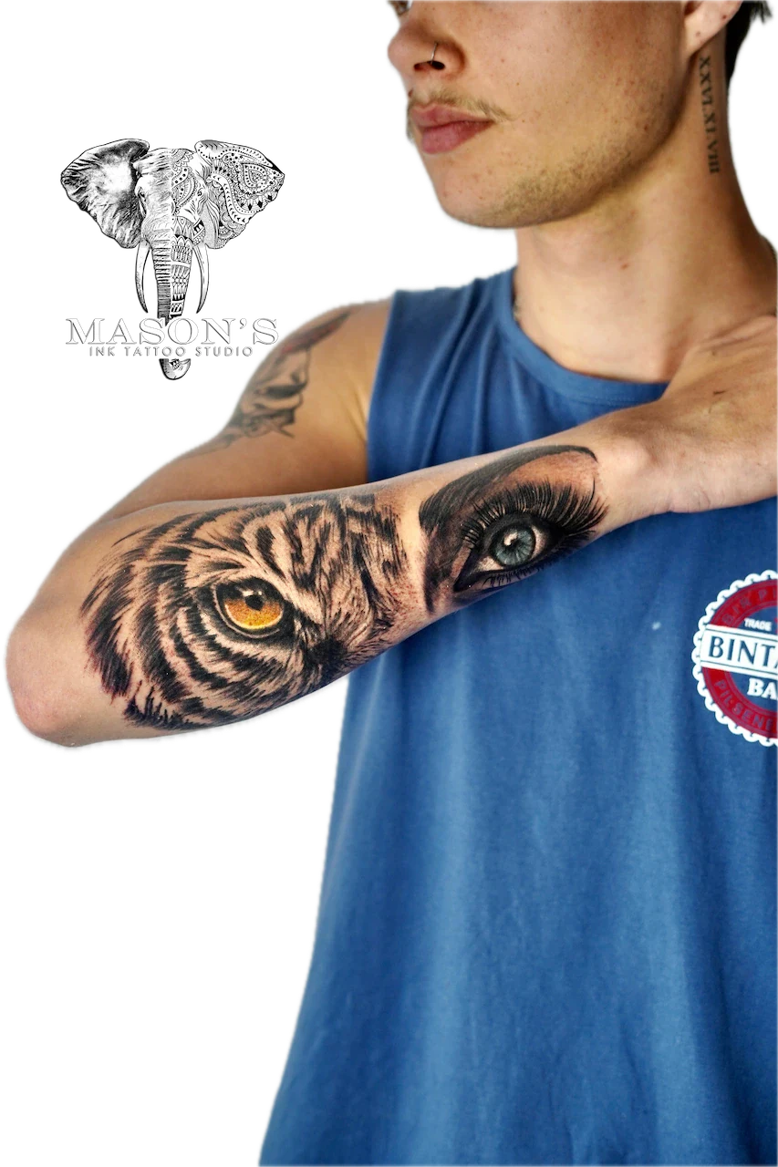 Color Realism Tiger and Woman Eye Tattoo Design - custom tattoo by Mason's Ink Tattoo Studio, Bali