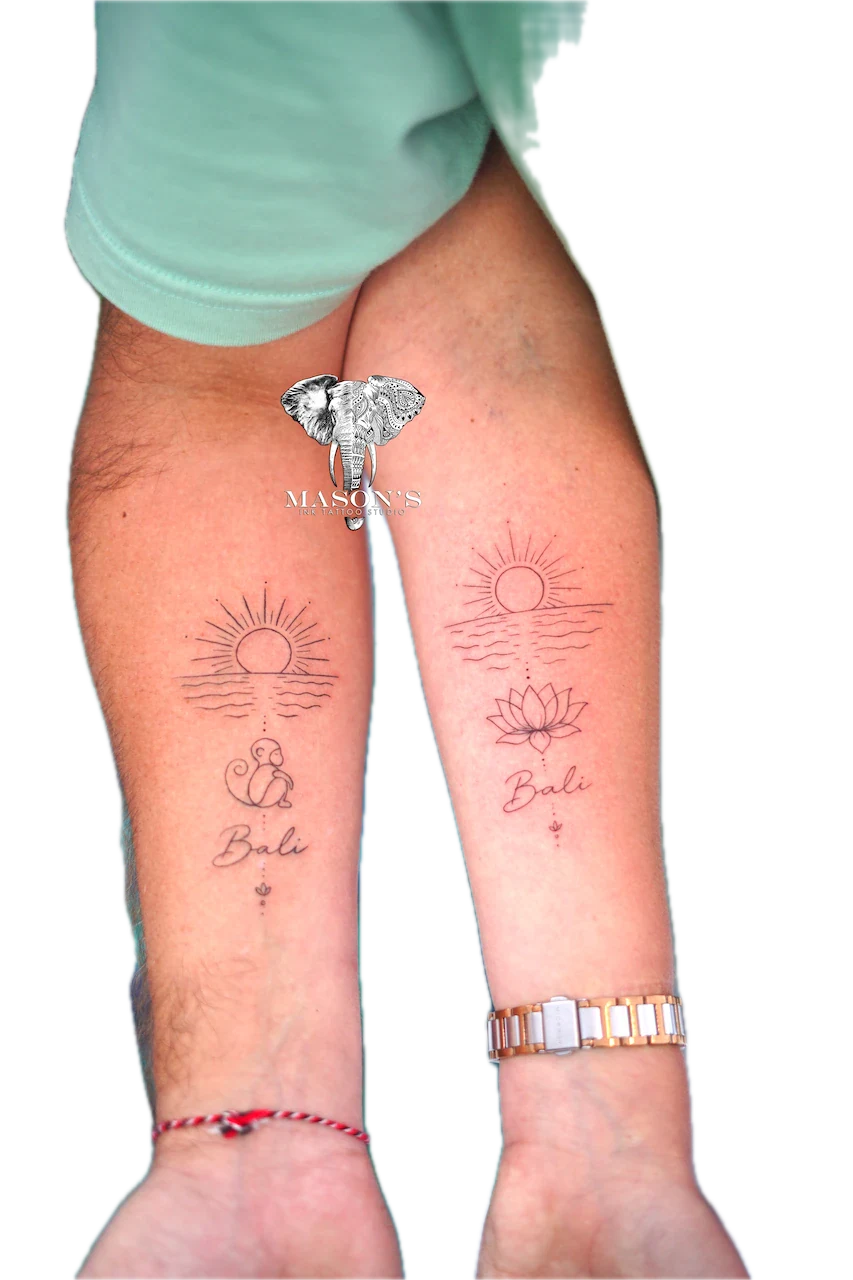 Fine Line Bali Couple Tattoo Design - custom tattoo by Mason's Ink Tattoo Studio, Bali