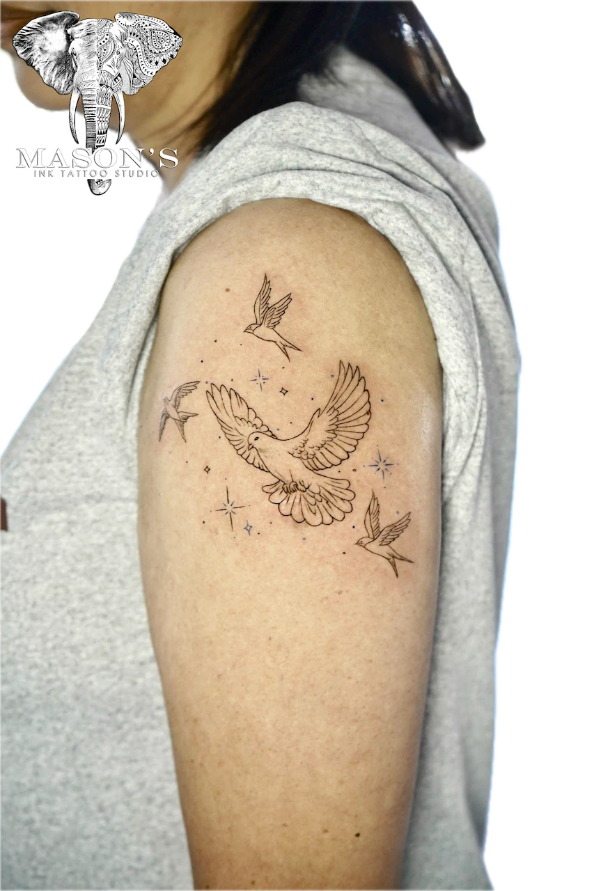 Fine Line Bird Tattoo Design - custom tattoo by Mason's Ink Tattoo Studio, Bali