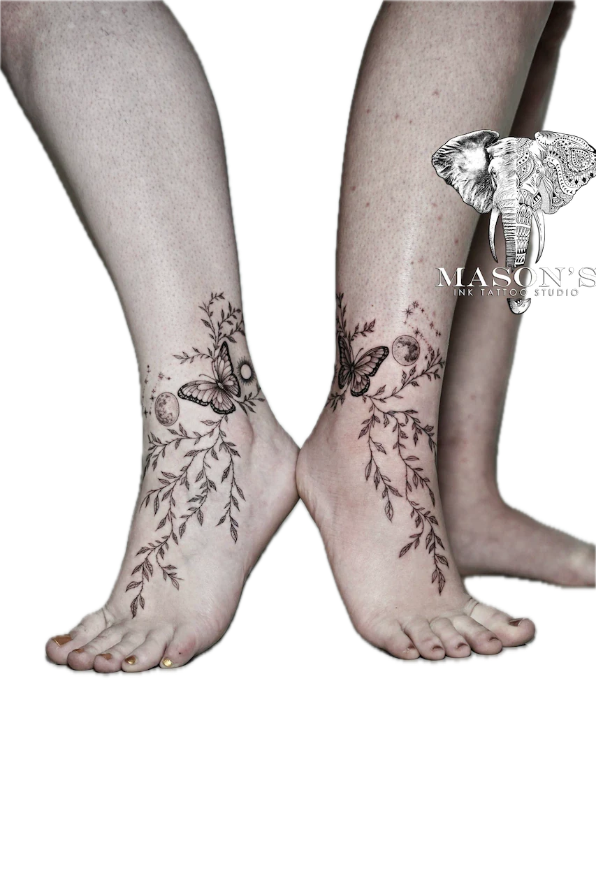 Fine Line Butterfly Moon Couple Tattoo Design - custom tattoo by Mason's Ink Tattoo Studio, Bali