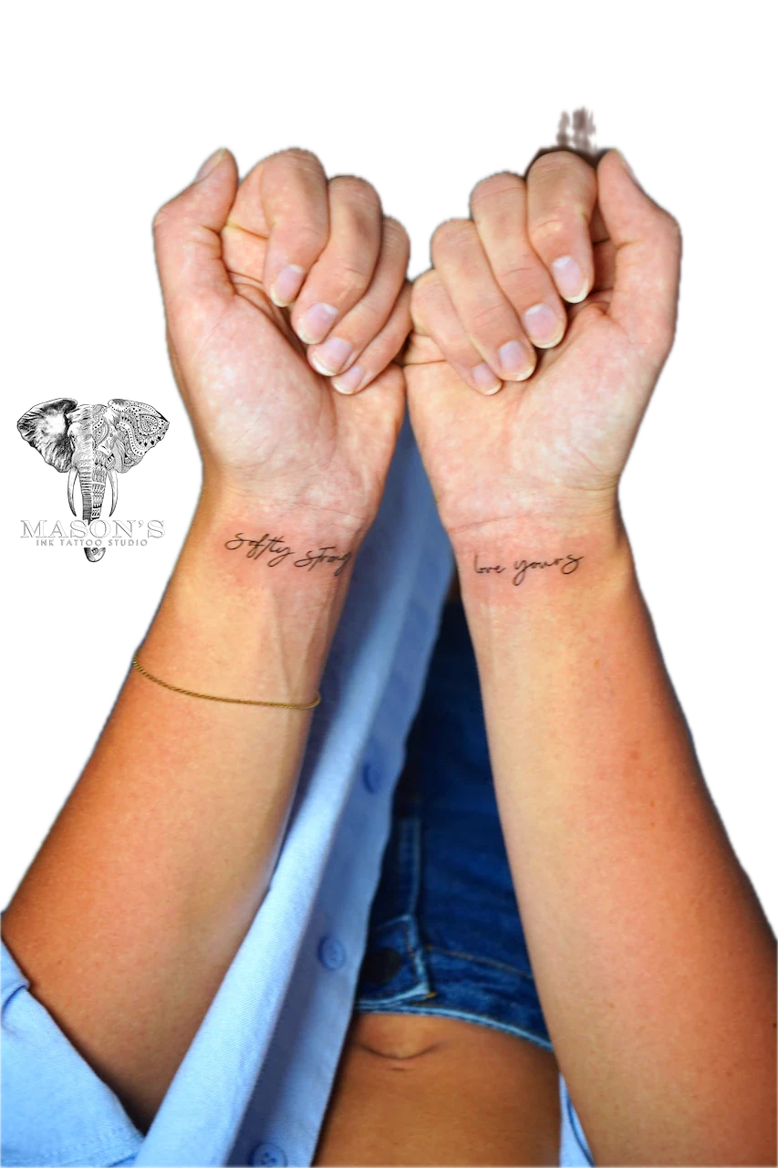 Fine Line Couple Script Tattoo Design - custom tattoo by Mason's Ink Tattoo Studio, Bali
