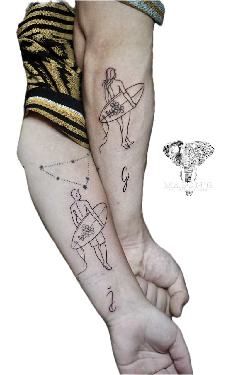 Fine Line Couple Surfer Tattoo Design by Mason's Ink Tattoo Studio, Bali