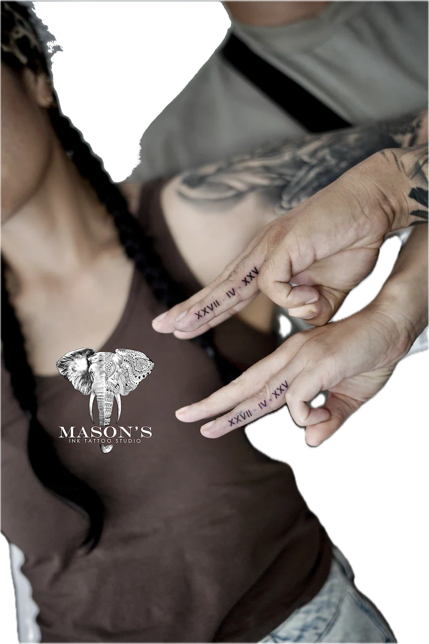 Fine Line Roman Script Tattoo Design: Roman numerals tattooed on the fingers of a hand