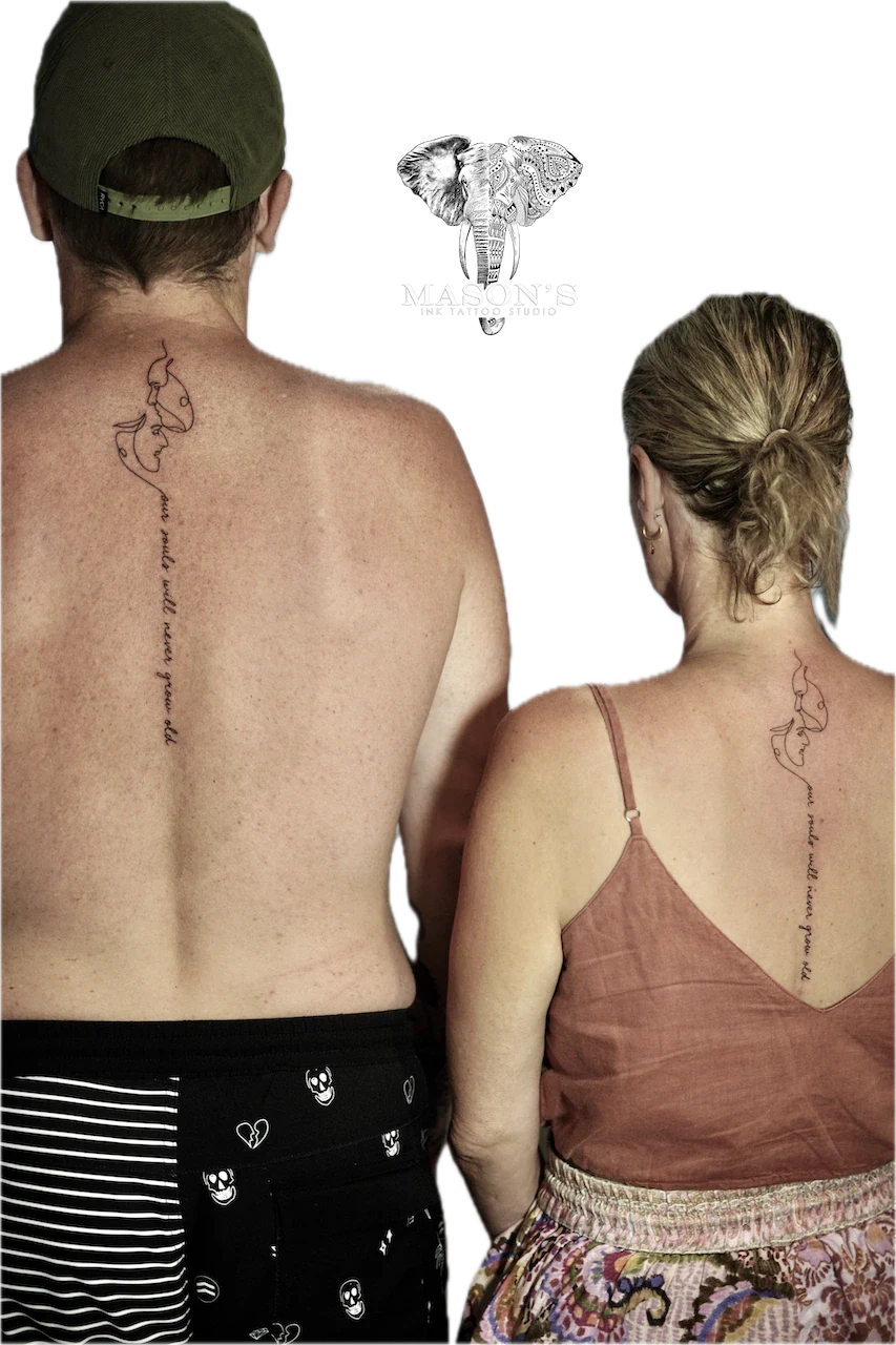 Fine Line Script Couple Tattoo Design - custom tattoo by Mason's Ink Tattoo Studio, Bali
