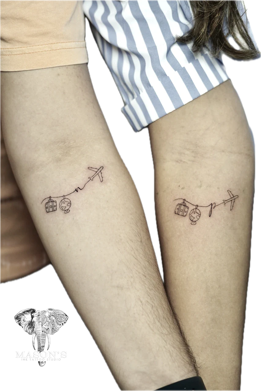 Fine Line World and Plane Tattoo Design - custom tattoo by Mason's Ink Tattoo Studio, Bali