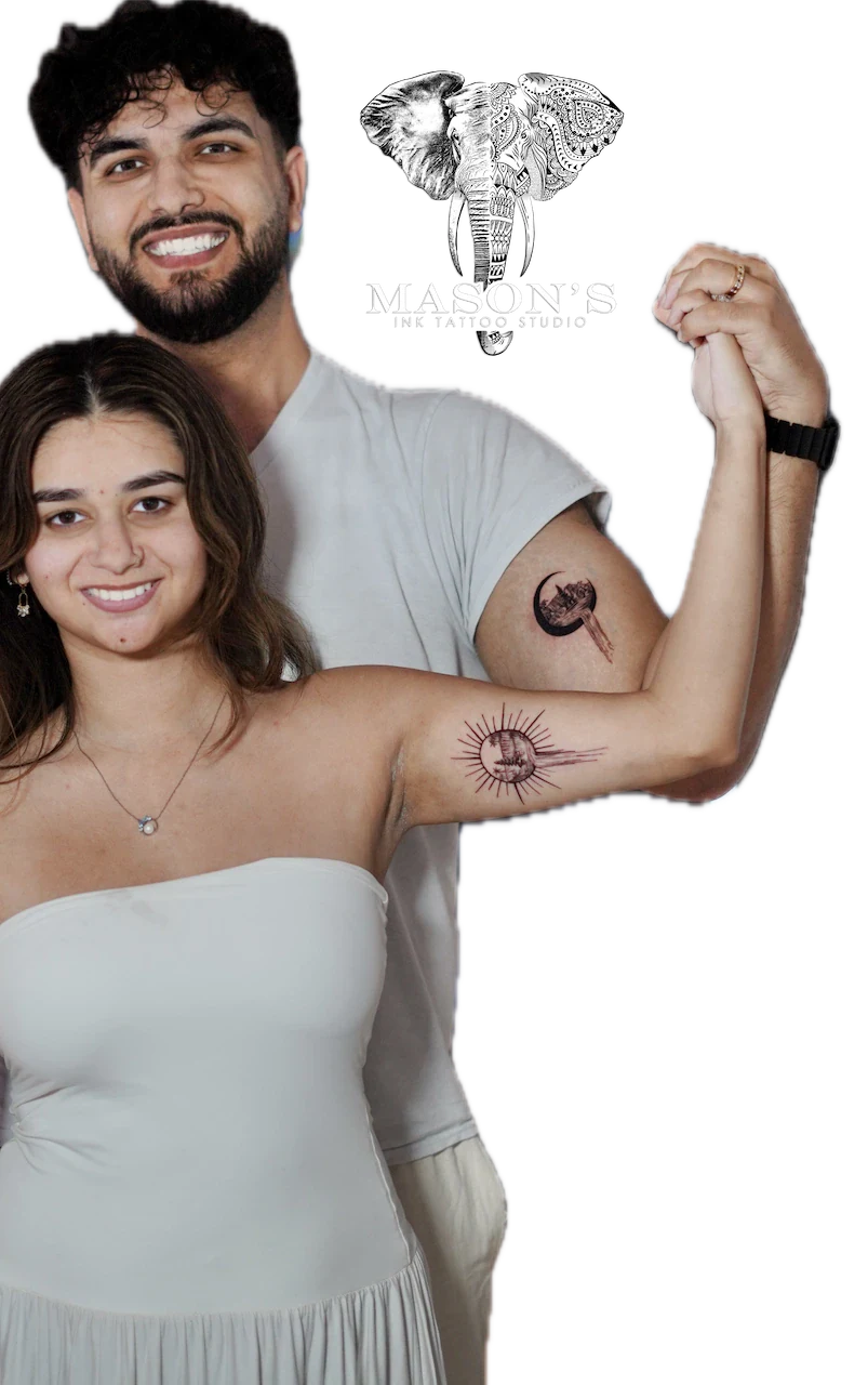 Realism Tattoo Design: a minimalist moon and sun tattoo with a flower on the upper arm