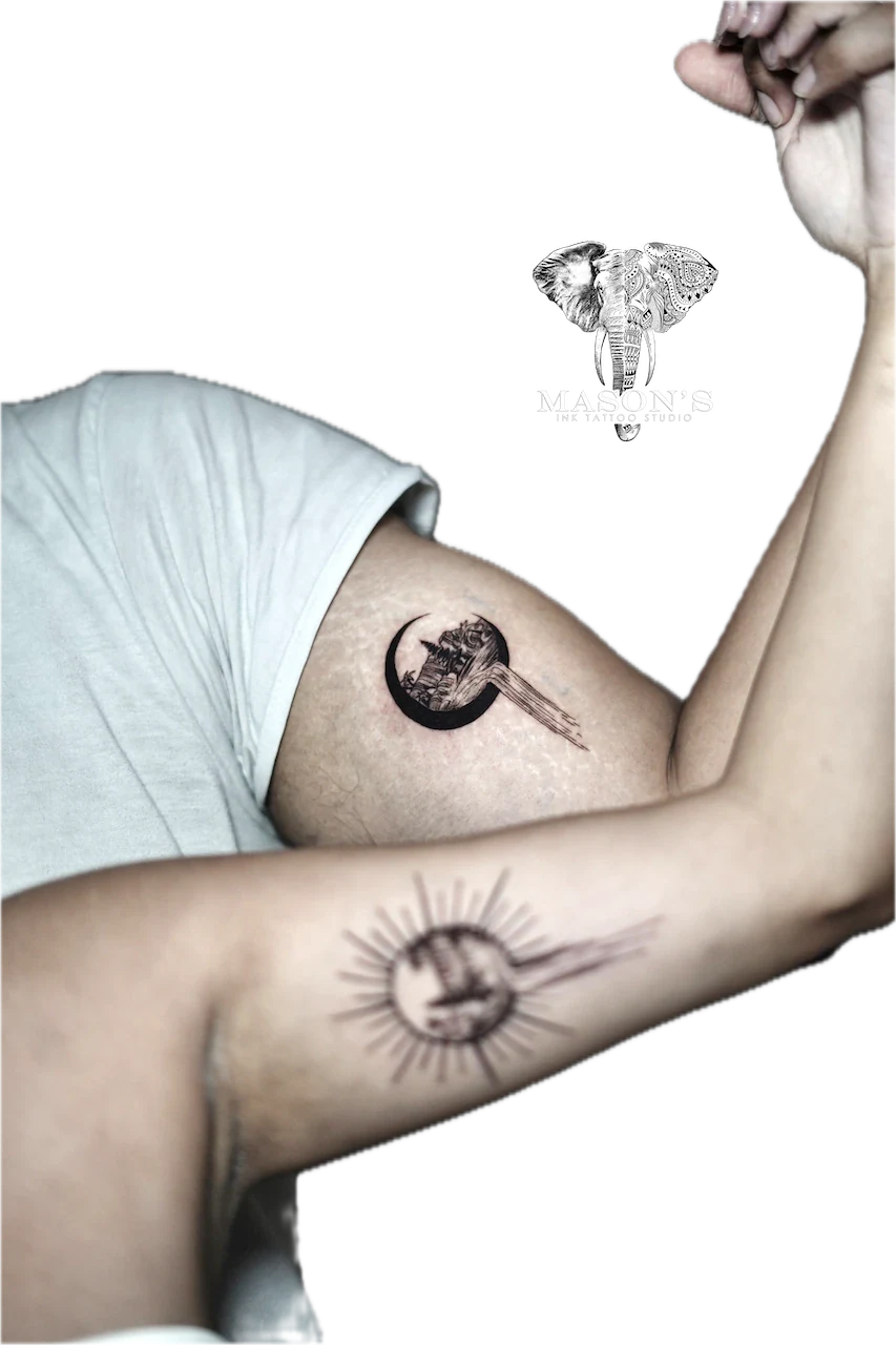 Realism Tattoo Design: a moon and sun with owl and feather designs on arms